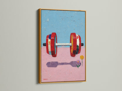 Elevate your gym wall decor with this fitness art print. It is displayed in a luxurious gold frame. The dumbbell artwork adds a touch of sophistication to your workout space. The abstract design features pink and blue hues. This canvas print is perfect for home gym or fitness studio.