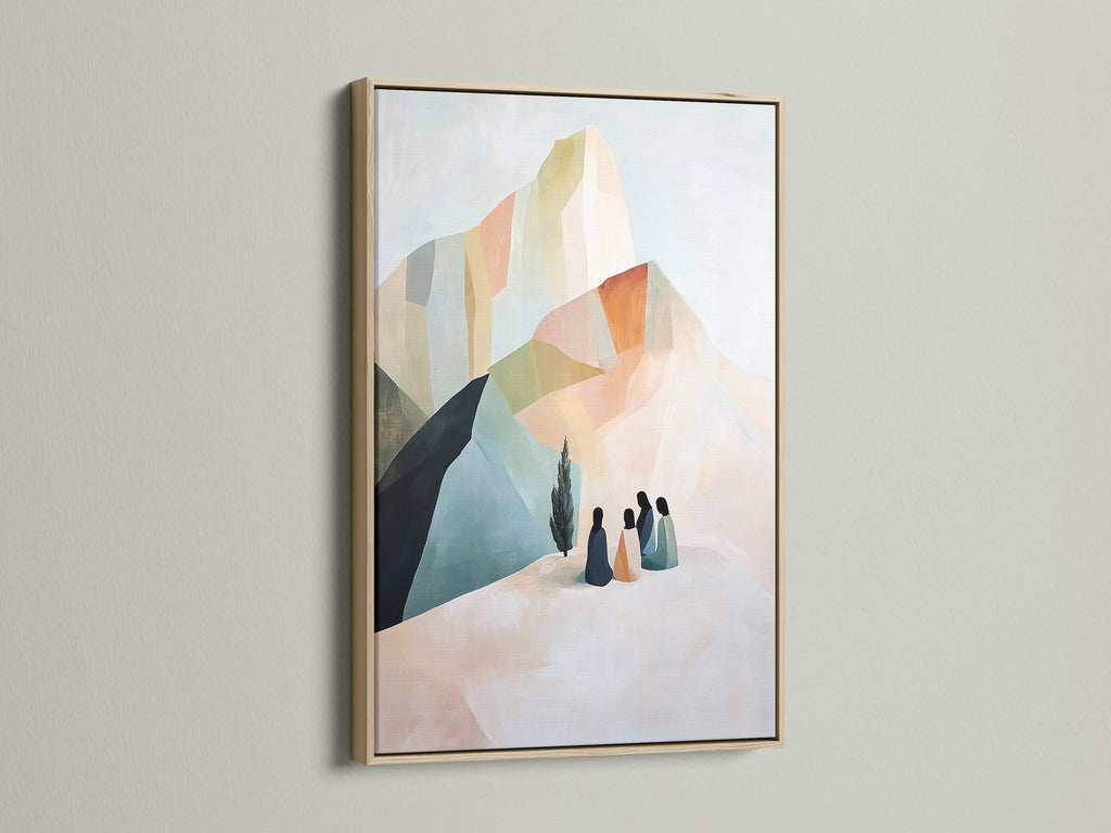 Beige and blue abstract mountain artwork in an oak frame. Contemporary wall decor for minimalist and modern aesthetics. Perfect as living room or bedroom art. It enhances any room.