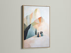 Beige and blue abstract mountain artwork in an oak frame. Contemporary wall decor for minimalist and modern aesthetics. Perfect as living room or bedroom art. It enhances any room.