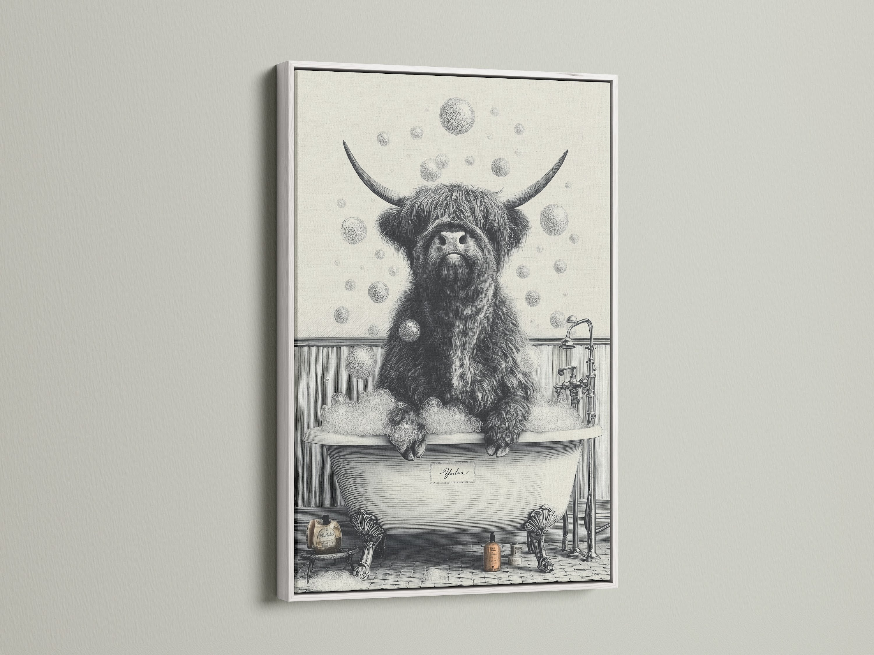 A highland cow relaxes in a bubble bath in this animal canvas. The artwork is framed in a clean white frame. This funny restroom artwork is ideal for farmhouse decor. Brighten your bathroom art with this charming piece.