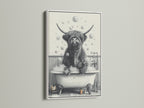 Here's a highland cow art print with a white frame. This farmhouse animal adds charm to bathroom wall art. The cow in tub print is a funny animal art piece. A great choice for restroom wall decor. This artwork complements country style.