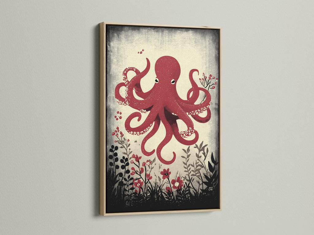 A captivating red octopus artwork displayed in an oak frame. This nautical print brings a touch of the ocean to your walls. Perfect sea life decor for a bathroom or living room. Explore our ocean canvas art.