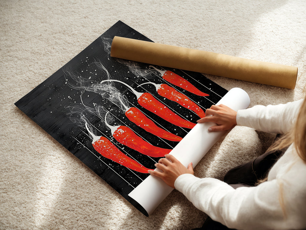 A woman is carefully rolling a fine art poster paper. The artwork is a red hot chili pepper print. This allows for safe transit. It also ensures the artwork arrives in pristine condition. It is perfect for modern bistro wall art.