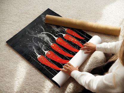 A woman is carefully rolling a fine art poster paper. The artwork is a red hot chili pepper print. This allows for safe transit. It also ensures the artwork arrives in pristine condition. It is perfect for modern bistro wall art.