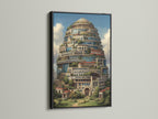 Fantasy Architecture Print presented in a black frame. This surreal tower art makes a bold statement. The whimsical canvas adds unique wall art to any art collection. The primary color is brown. The secondary color is green. It can be used as living room wall art.