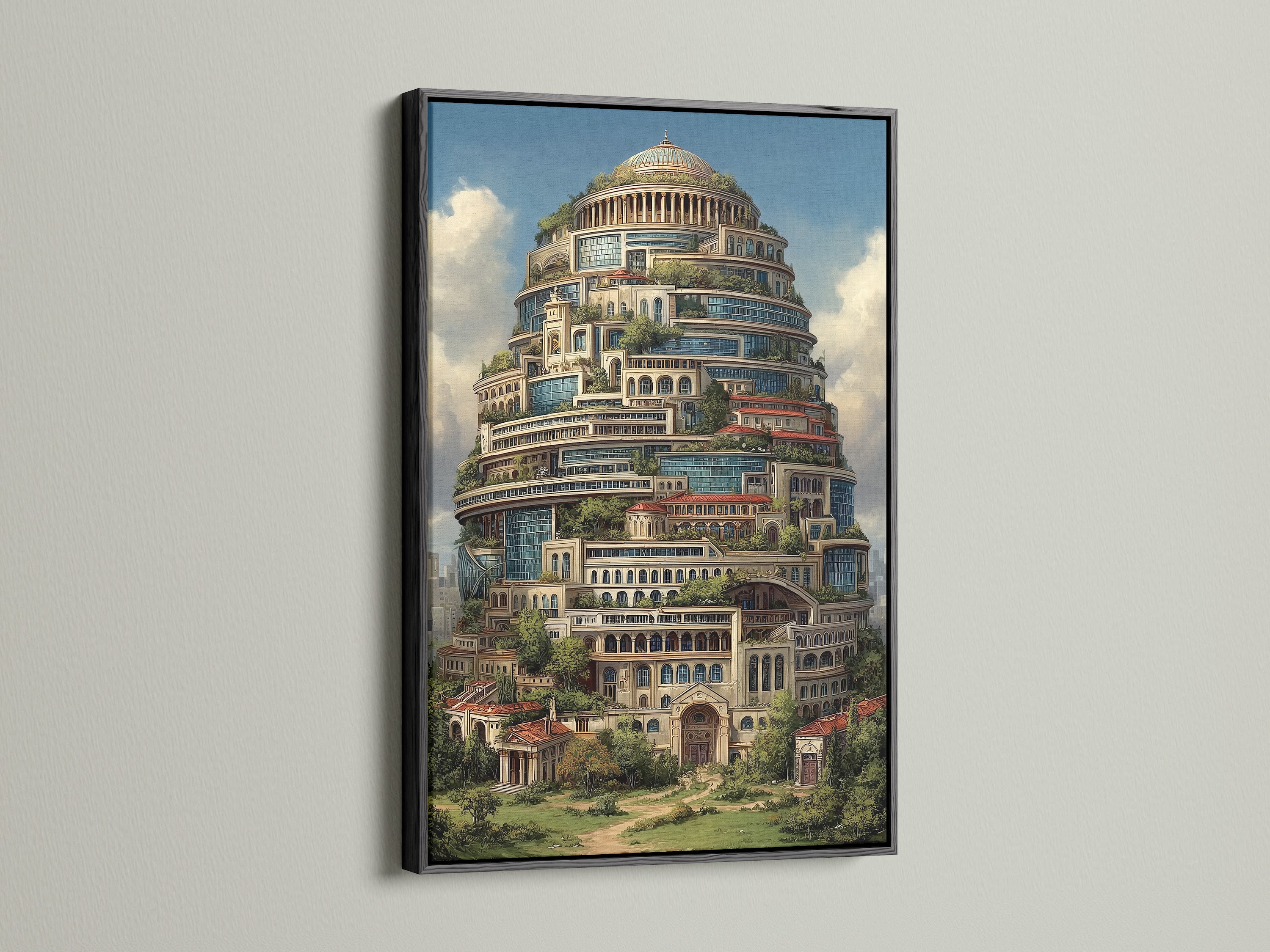 Fantasy Architecture Print presented in a black frame. This surreal tower art makes a bold statement. The whimsical canvas adds unique wall art to any art collection. The primary color is brown. The secondary color is green. It can be used as living room wall art.