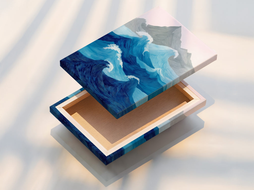 This is a stretched canvas print of ocean wave artwork. The canvas is stretched perfectly. It is ready to hang on the wall. The artwork features abstract mountains and ocean waves. The colors are vibrant and eye catching. The piece adds a touch of coastal elegance. It is a perfect way to bring the ocean indoors. Enjoy the beauty of this canvas print
