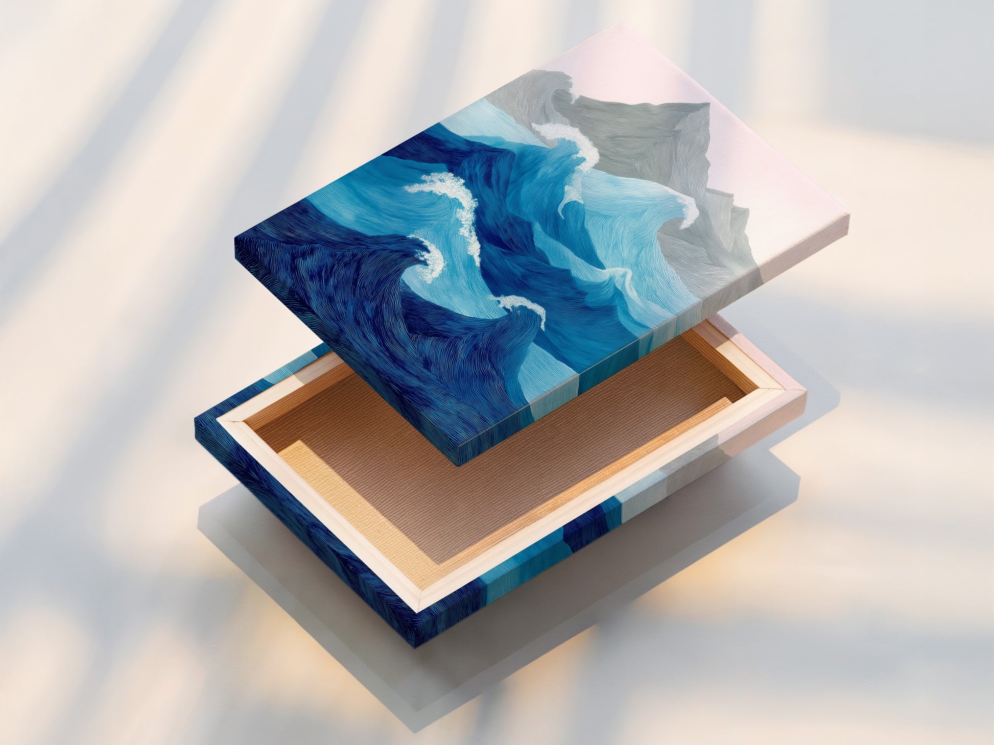 This is a stretched canvas print of ocean wave artwork. The canvas is stretched perfectly. It is ready to hang on the wall. The artwork features abstract mountains and ocean waves. The colors are vibrant and eye catching. The piece adds a touch of coastal elegance. It is a perfect way to bring the ocean indoors. Enjoy the beauty of this canvas print