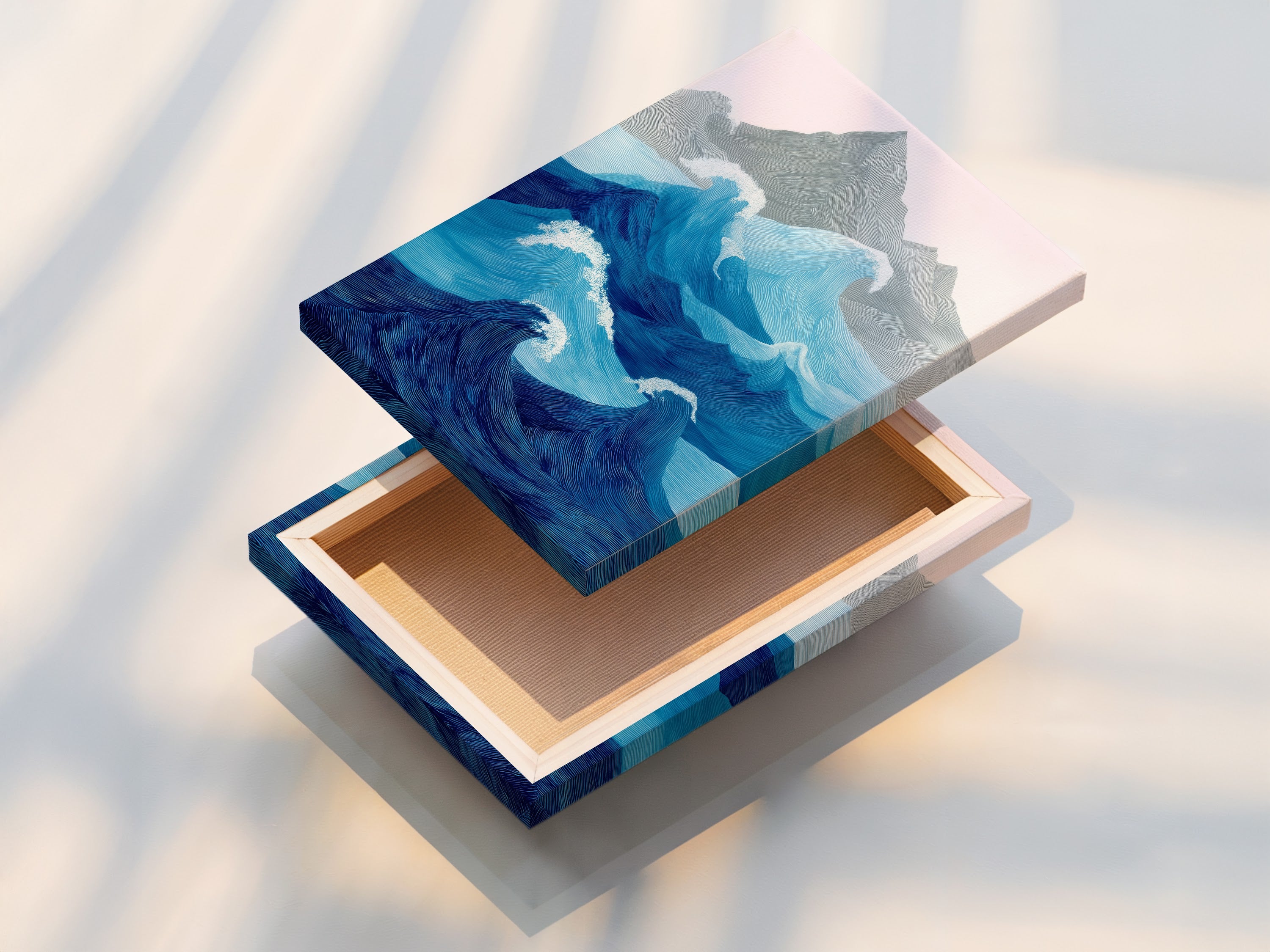 This is a stretched canvas print of ocean wave artwork. The canvas is stretched perfectly. It is ready to hang on the wall. The artwork features abstract mountains and ocean waves. The colors are vibrant and eye catching. The piece adds a touch of coastal elegance. It is a perfect way to bring the ocean indoors. Enjoy the beauty of this canvas print