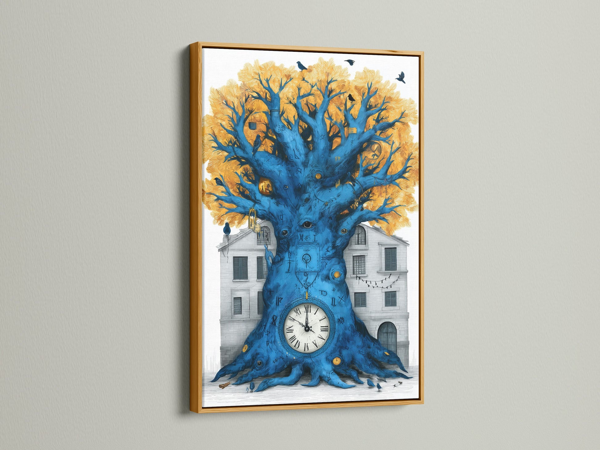 Surreal Clock Tree artwork is framed in a gold frame. The artwork features a tree with a clock at its base set against a building. Black birds sit in the trees golden leaves. The tree's trunk is a vibrant blue making this a unique home art piece.