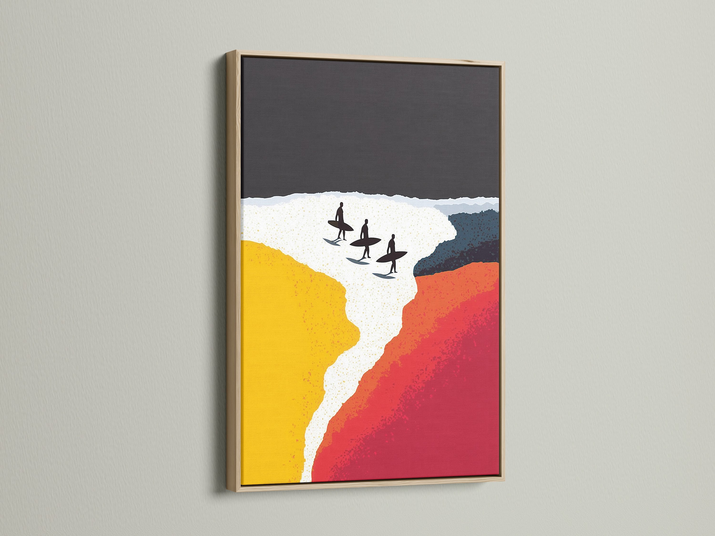 Discover the natural beauty of an oak frame. This frame enhances a modern beach wall art canvas. The warm tones of the wood frame complement the coastal artwork. This wall art is perfect for living rooms and bedrooms with coastal themes. Elevate your decor with this oak-framed piece.