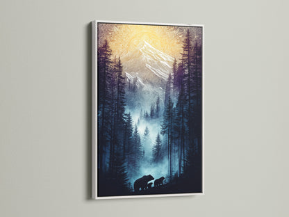 Bear Family Canvas Print with a white frame. This mountain forest wall artwork brings nature indoors. It is perfect for cabin wall decor. The print enhances living spaces and offices alike.
