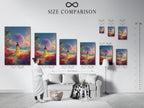 A size comparison chart is displayed in an interior setting. The chart shows different sizes of artwork. This will help you visualize the perfect size for your space. Find the ideal fit for your wall art today.