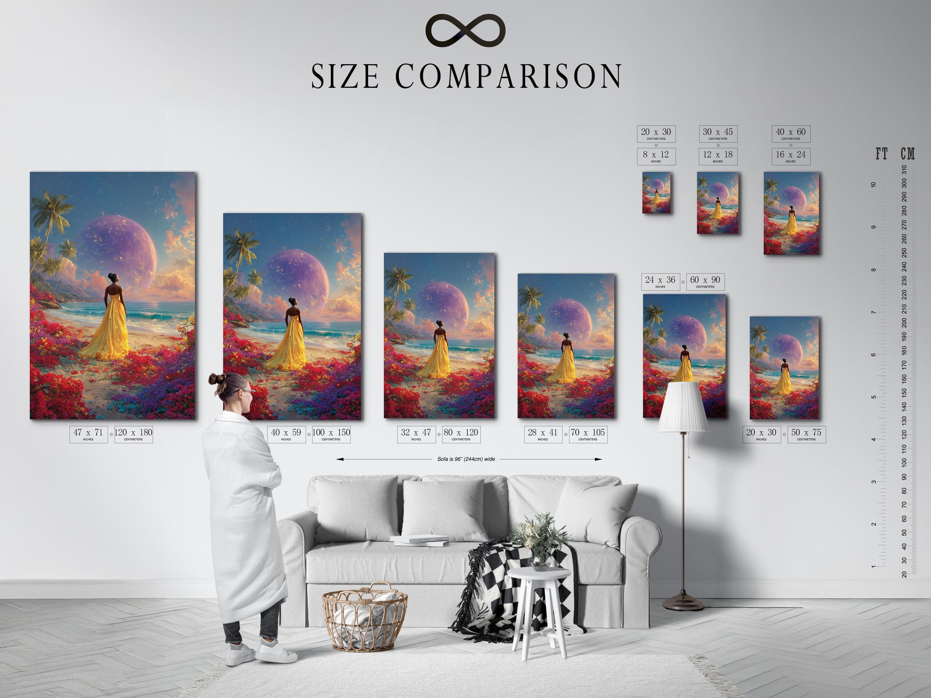 A size comparison chart is displayed in an interior setting. The chart shows different sizes of artwork. This will help you visualize the perfect size for your space. Find the ideal fit for your wall art today.