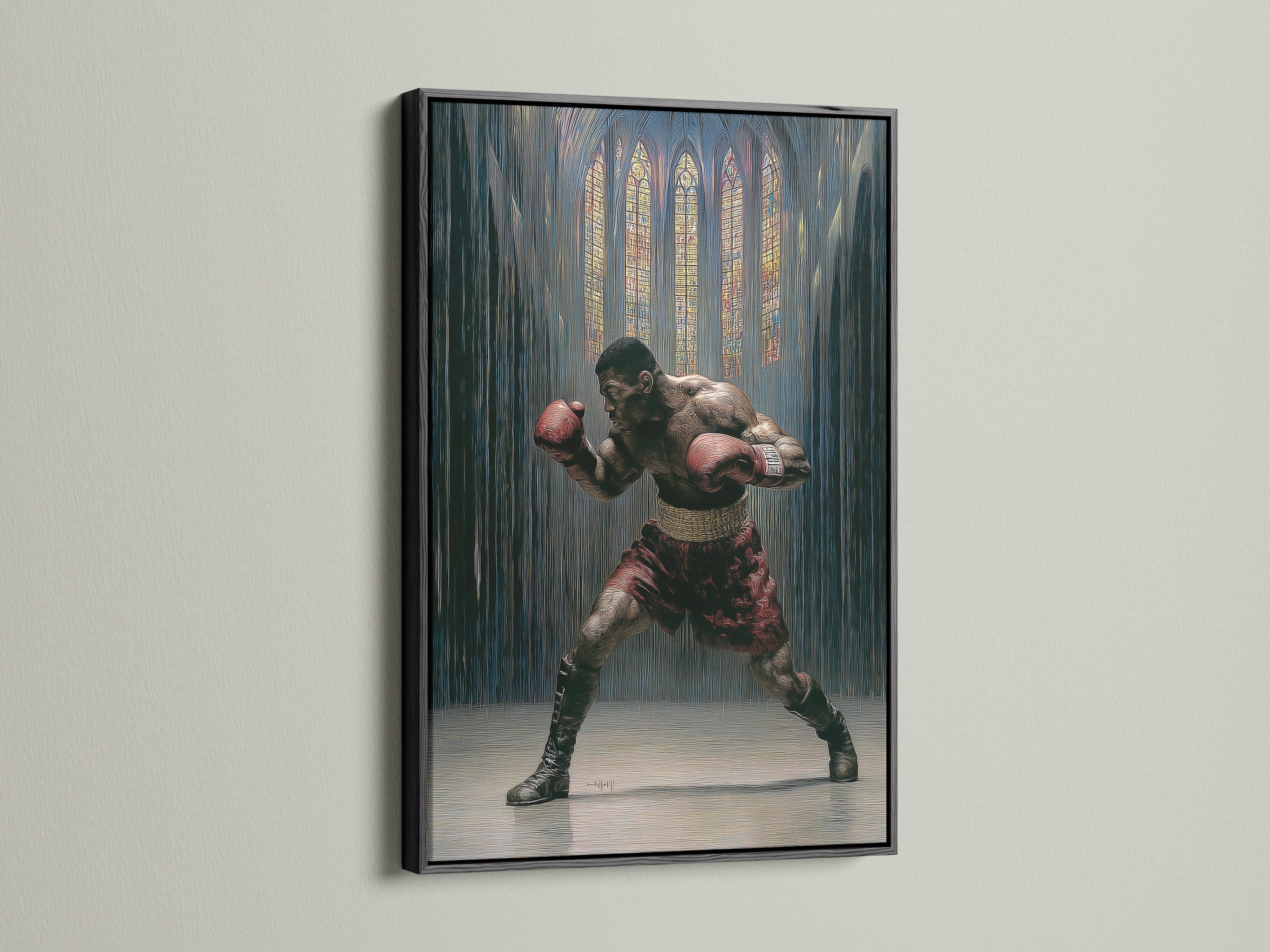 This vintage boxing artwork is framed in black. The gothic sports canvas print makes a bold statement. Perfect fighter wall art for man cave decor. This piece enhances sports room decor and masculine spaces. This boxing artwork is a striking addition. The black frame adds a modern touch.