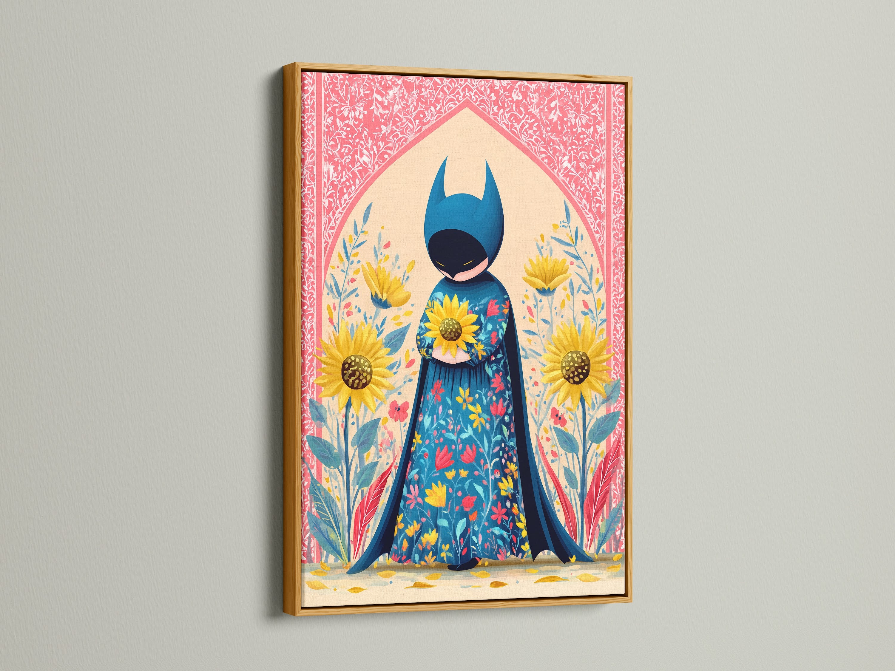 A superhero canvas artwork is displayed in a gold frame. The art features folk art with floral elements. It's a whimsical decor piece for any room. It's a unique and colorful art piece. The artwork includes sunflowers and a hero canvas. This is perfect as a child gift or nursery art.