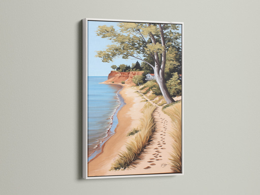 Coastal Beach Artwork in a White Frame. This serene ocean view print captures a sandy shoreline. Ideal for coastal cottage decor. It brings a touch of the beach to your space. Discover framed artwork to enhance your home's ambiance with this calming piece.