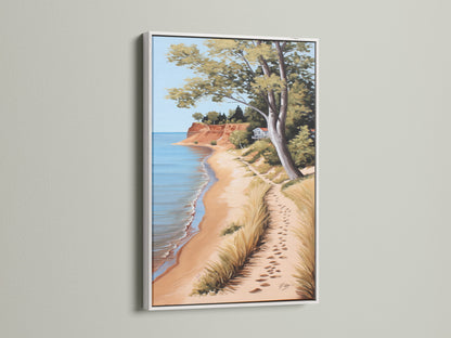 Coastal Beach Artwork in a White Frame. This serene ocean view print captures a sandy shoreline. Ideal for coastal cottage decor. It brings a touch of the beach to your space. Discover framed artwork to enhance your home's ambiance with this calming piece.