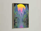 This modern mountain artwork with tropical flair is framed in oak. The vaporwave sunset and cyberpunk nature elements create a unique aesthetic. This artwork is perfect for adding a pop of color to your home or office. A great way to showcase summer wall art.