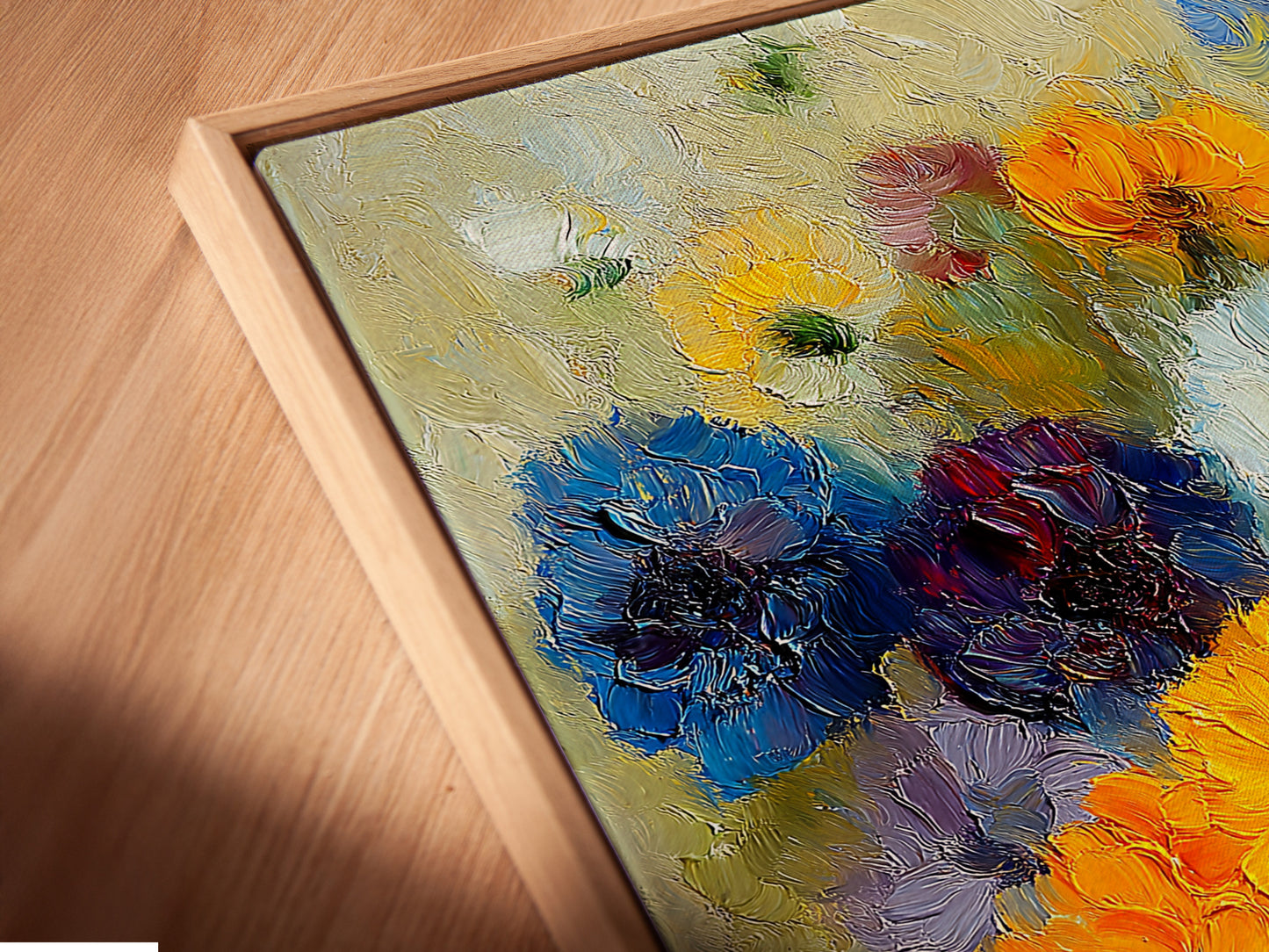 Close-up of a Canvas Print in Floating Frame. The colorful botanical wall art brings life to any room. This Impressionist floral painting is a perfect addition to your home.