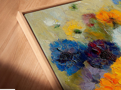 Close-up of a Canvas Print in Floating Frame. The colorful botanical wall art brings life to any room. This Impressionist floral painting is a perfect addition to your home.