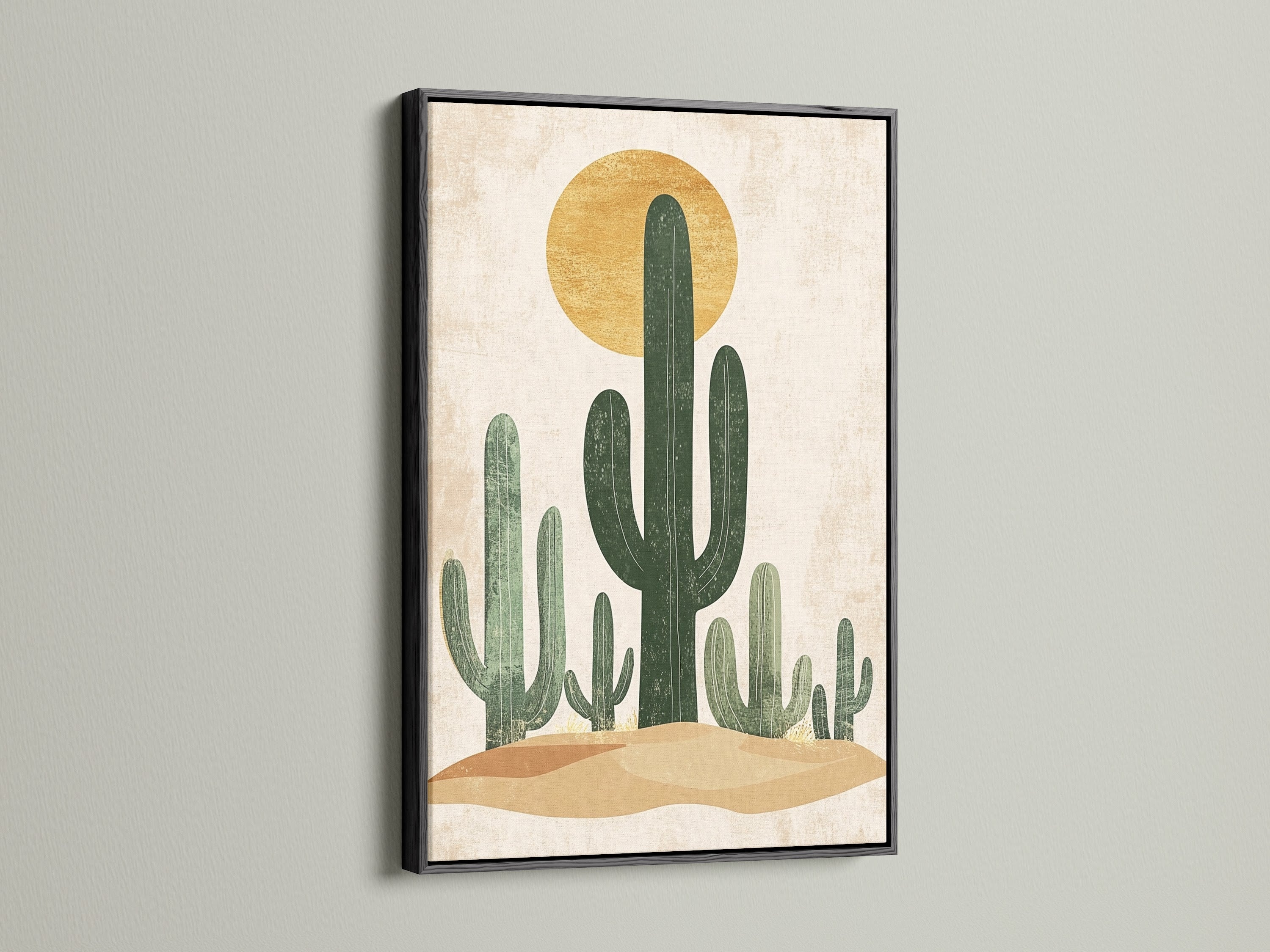 This desert themed artwork is showcased in a black floating frame. The bold black frame adds contrast to the artwork. The sleek frame creates a modern look for this cactus art. This frame option is great for contemporary interiors. Purchase this fine art print in a black floating frame today.