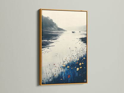 Modern coastal artwork in a gold frame. The serene lake art showcases a peaceful landscape with blue and beige colors. This nature print elevates minimalist coastal and farmhouse decor. A sophisticated choice for enhancing your living space with modern artwork. Discover the elegance of lake decor and nature photography.