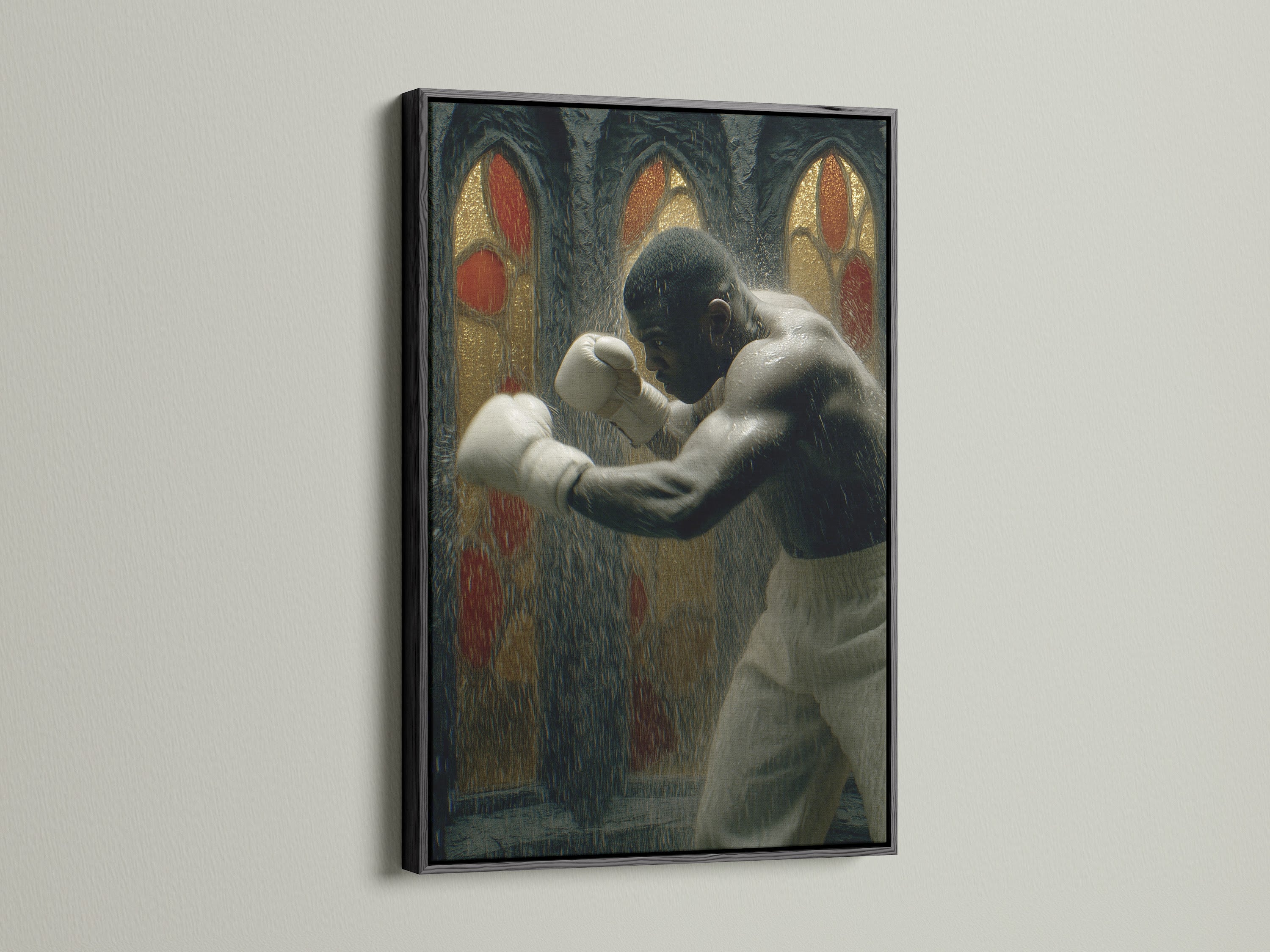 Vintage boxing artwork showcased in a black frame. The black frame provides a bold and classic touch. It enhances the gothic sports canvas. Ideal for man cave decor and gym wall art. Browse our boxing artwork.