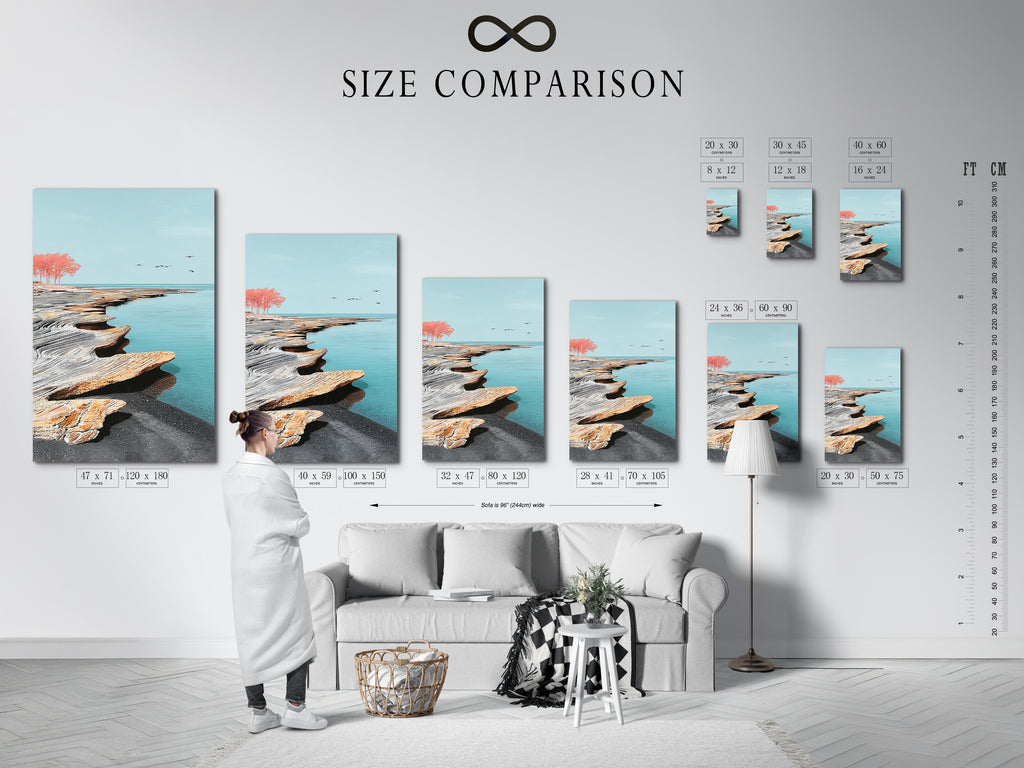 This image shows a size comparison chart in an interior setting. It helps visualize how different sizes of coastal seascape artwork fit in a room. The chart includes stretched canvas prints and framed options. This is ideal for planning your minimalist decor with serene artwork.