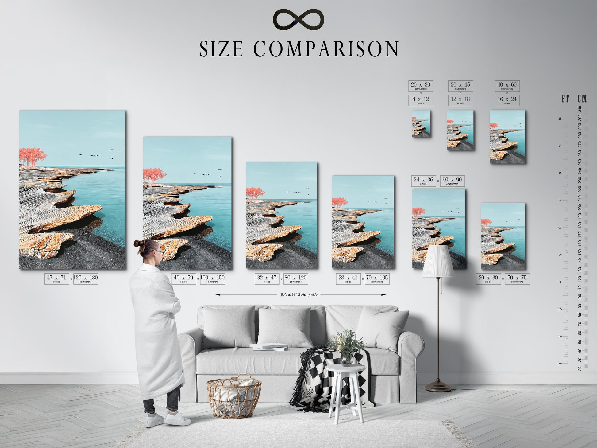 This image shows a size comparison chart in an interior setting. It helps visualize how different sizes of coastal seascape artwork fit in a room. The chart includes stretched canvas prints and framed options. This is ideal for planning your minimalist decor with serene artwork.