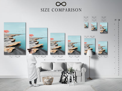 This image shows a size comparison chart in an interior setting. It helps visualize how different sizes of coastal seascape artwork fit in a room. The chart includes stretched canvas prints and framed options. This is ideal for planning your minimalist decor with serene artwork.