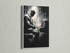 A framed piano player artwork is displayed. The frame is white. This jazz wall art complements minimalist and Scandinavian styles. It's great for bedroom wall decor. Add a touch of musical elegance to your home. This pianist print is a great choice.