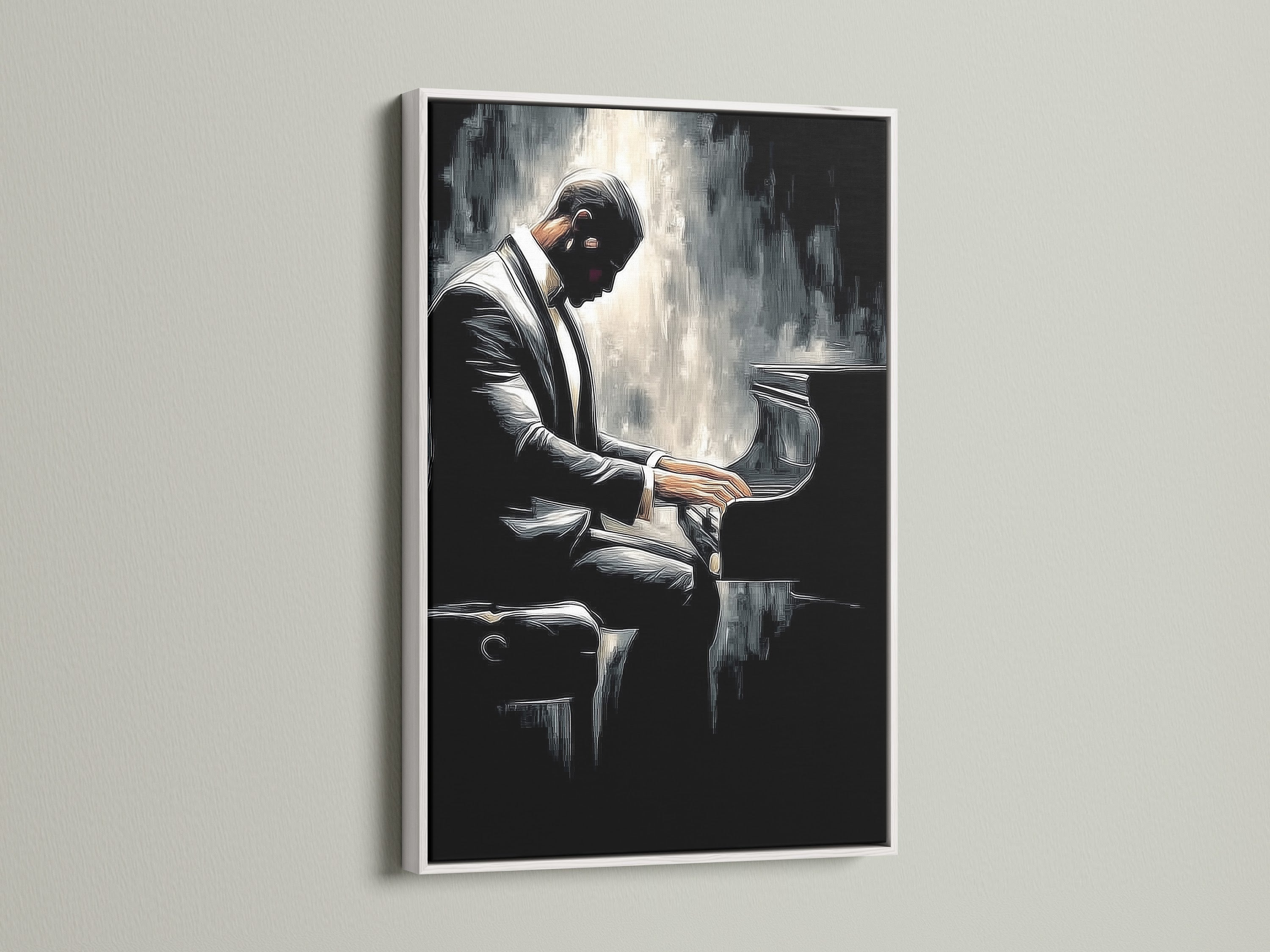 A framed piano player artwork is displayed. The frame is white. This jazz wall art complements minimalist and Scandinavian styles. It's great for bedroom wall decor. Add a touch of musical elegance to your home. This pianist print is a great choice.