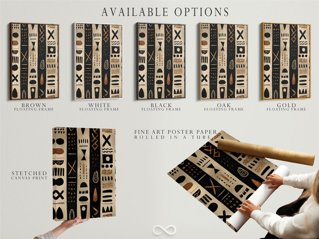 Available options for artwork. This includes a stretched canvas print fine art poster paper and a floating frame. Customers can choose the option that best suits their needs. Each option enhances the artwork in its own way.