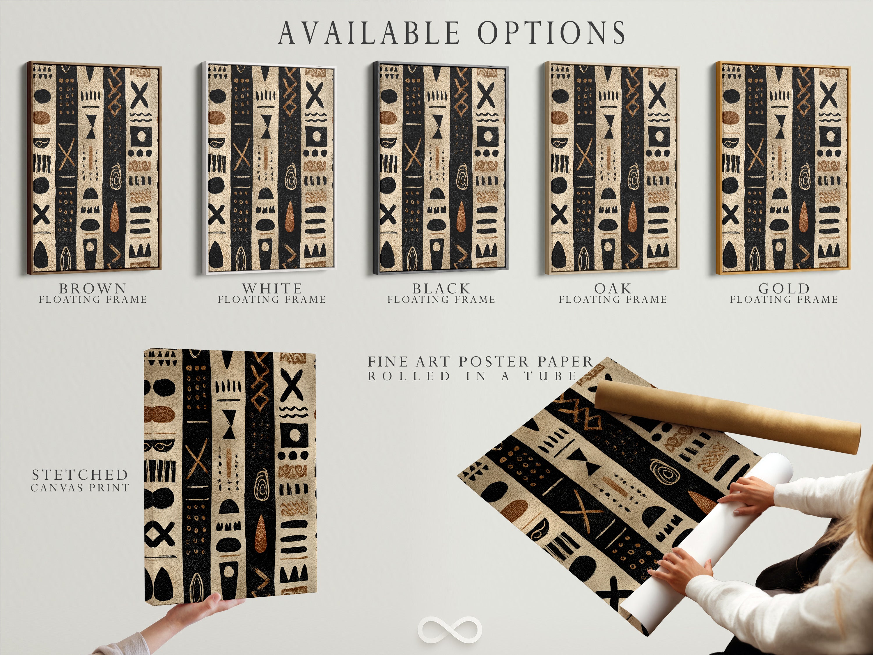 Available options for artwork. This includes a stretched canvas print fine art poster paper and a floating frame. Customers can choose the option that best suits their needs. Each option enhances the artwork in its own way.