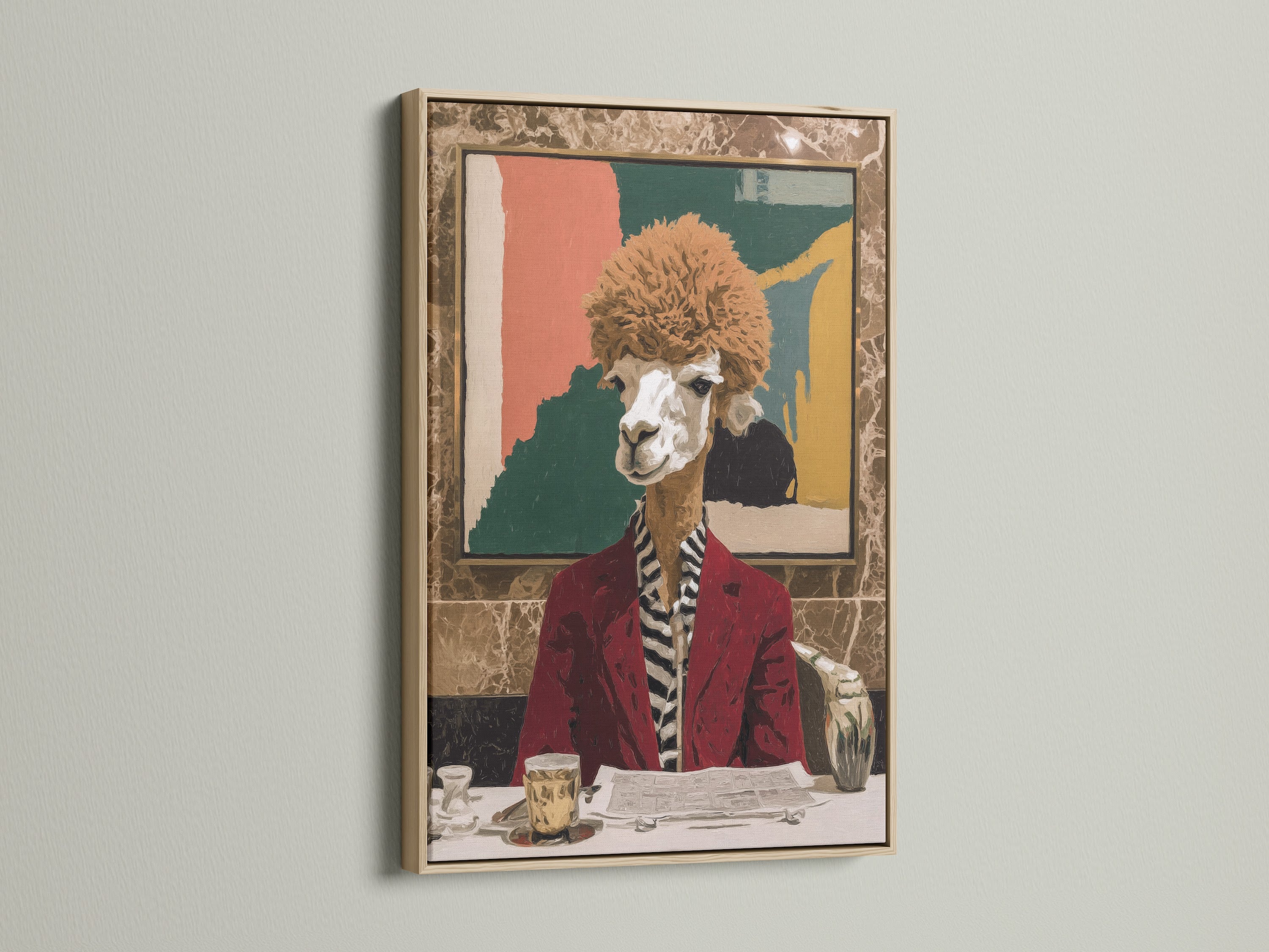 The oak frame showcases a quirky llama portrait. It is whimsical animal art for your wall. This vintage portrait adds charm. Consider animal canvas art for your home office.
