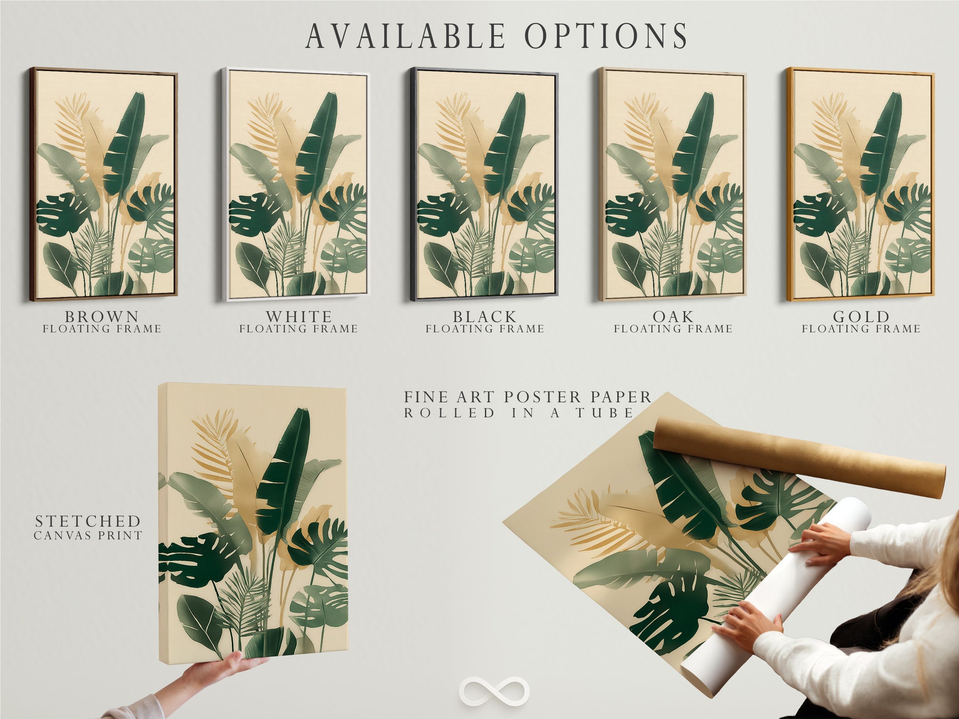 Available art options are displayed. Choose from stretched canvas prints. Fine art poster paper and floating frames are available. Customize your art to match your style. Explore the options for your next art purchase.