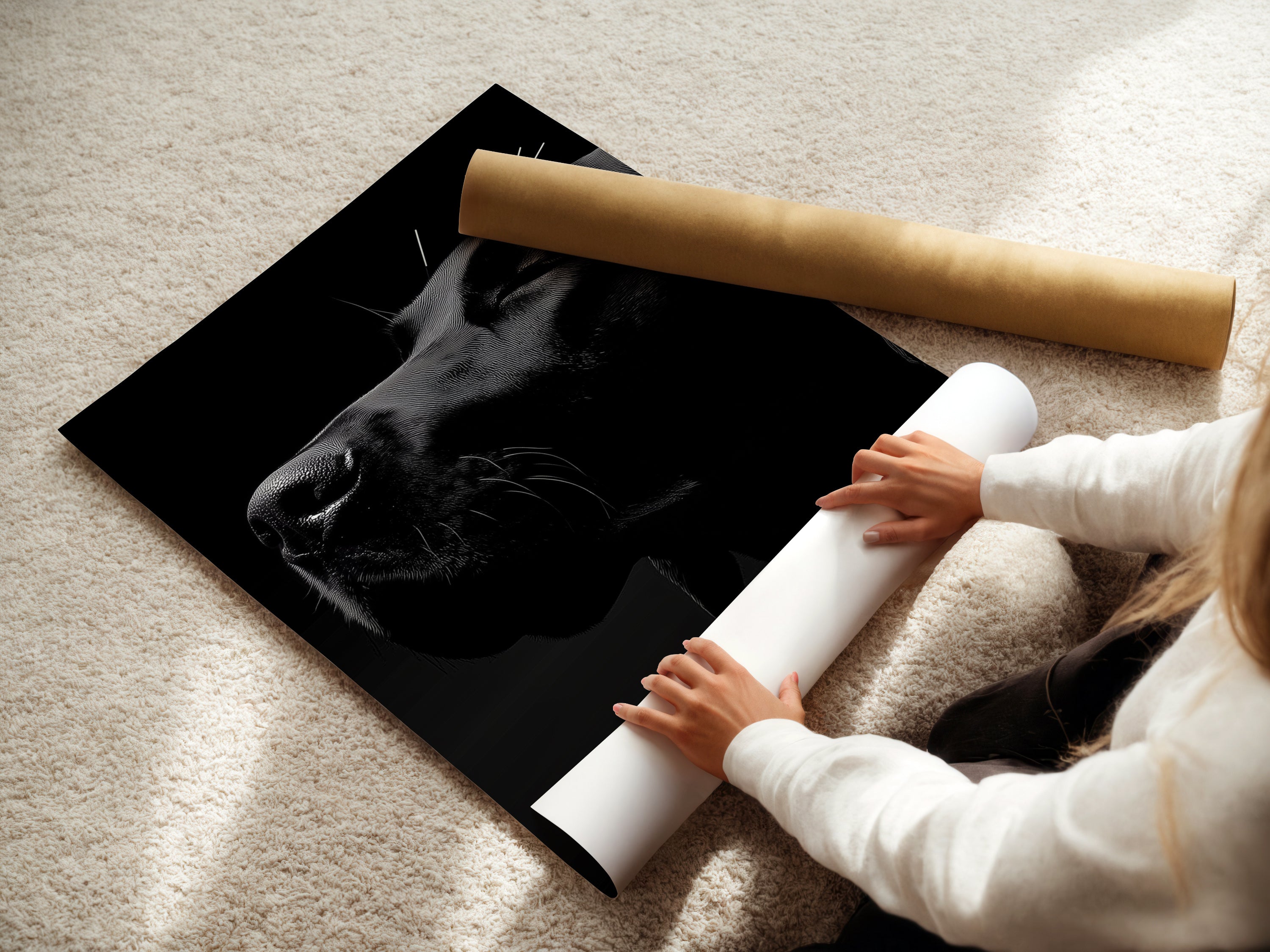 A woman is carefully rolling a fine art poster paper. This highlights the quality and care in handling artwork. These posters are perfect for minimalist wall decor. Discover fine art poster paper options today.