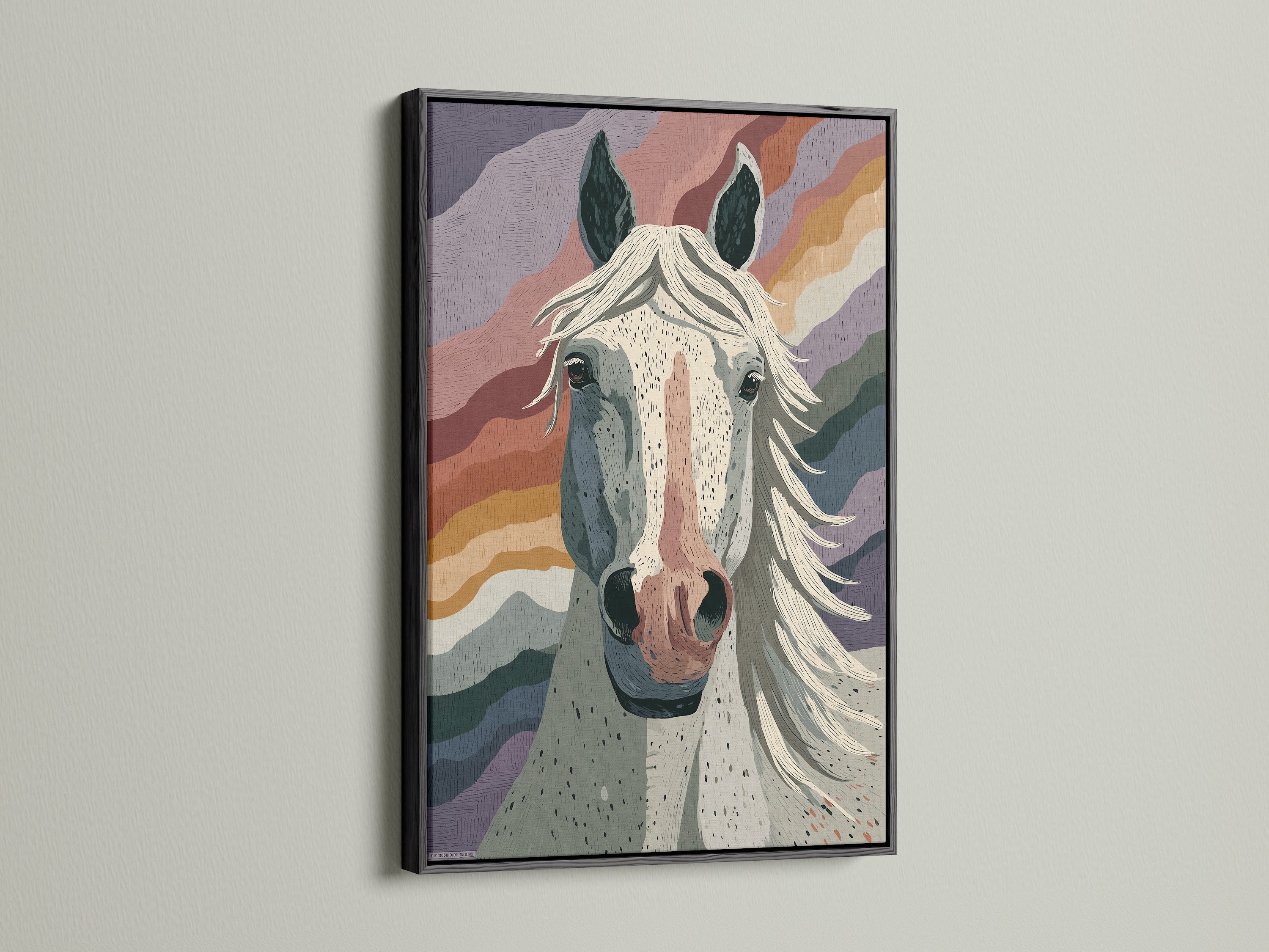 Horse wall art with a striking black frame. The contrast enhances the details of this colorful horse art. This piece is perfect for creating a modern yet rustic aesthetic. Ideal for adding a touch of western charm to your space. A great gift for horse lovers.