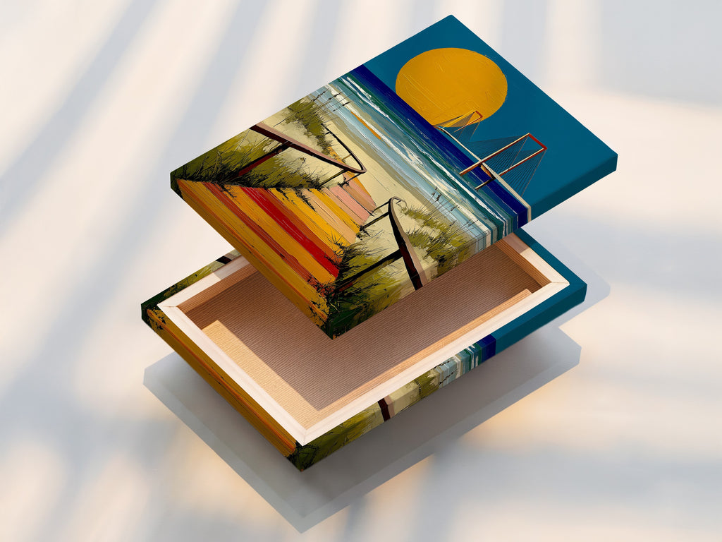 Stretched canvas print showcases a captivating beach scene. The artwork features a boardwalk leading to the ocean. The coastal sunset wall art adds warmth to any room. Perfect for living room or bedroom wall decor.