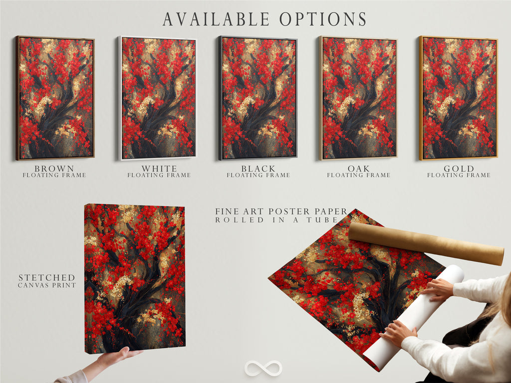 The available options for the Red Blossoms artwork are showcased. Options include a stretched canvas print fine art poster paper and a floating frame. This Japanese cherry tree wall art is perfect for Asian botanical decor. The red floral canvas adds elegance to any space. The artwork features red and gold.
