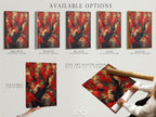 The available options for the Red Blossoms artwork are showcased. Options include a stretched canvas print fine art poster paper and a floating frame. This Japanese cherry tree wall art is perfect for Asian botanical decor. The red floral canvas adds elegance to any space. The artwork features red and gold.