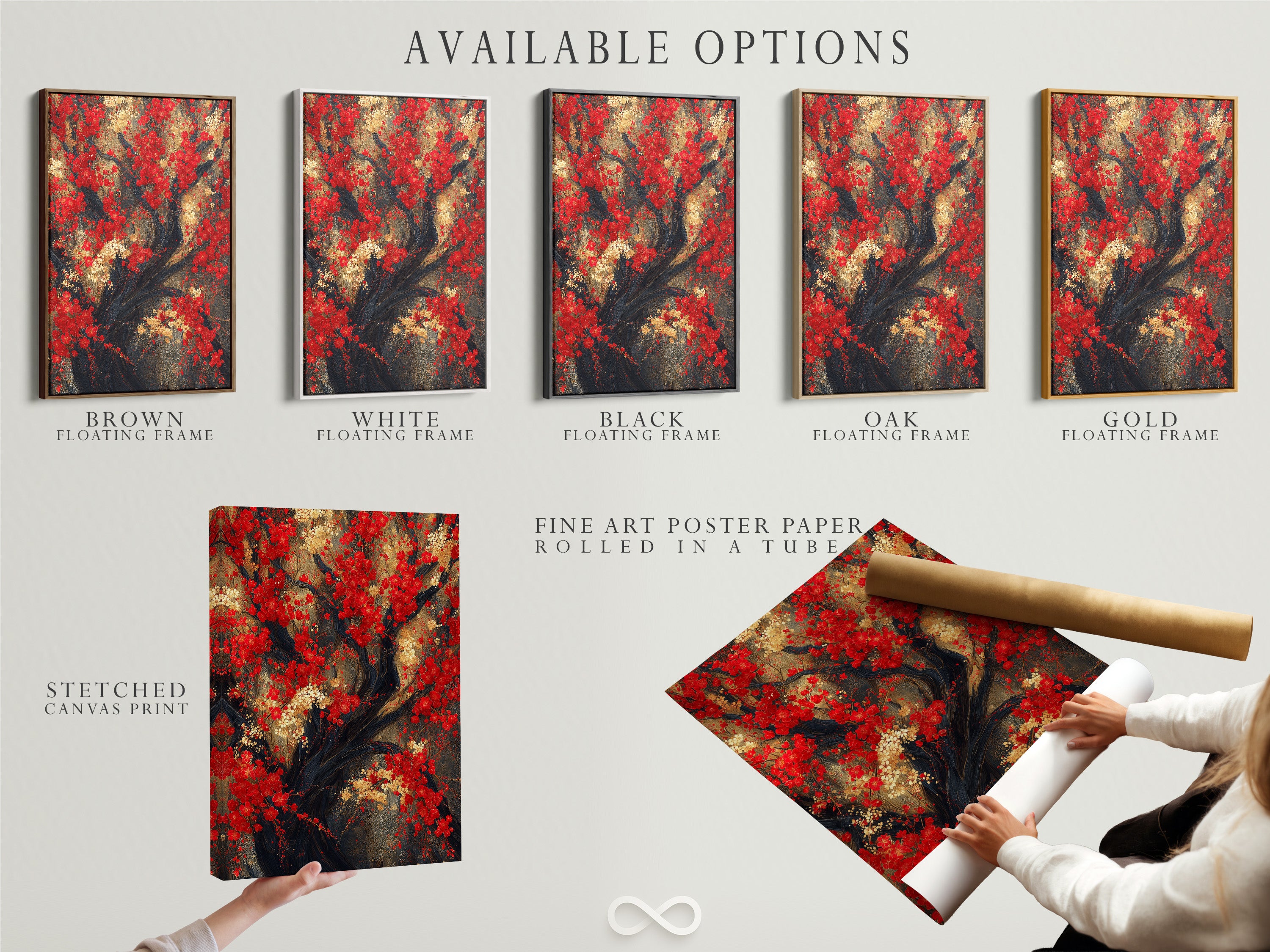 The available options for the Red Blossoms artwork are showcased. Options include a stretched canvas print fine art poster paper and a floating frame. This Japanese cherry tree wall art is perfect for Asian botanical decor. The red floral canvas adds elegance to any space. The artwork features red and gold.