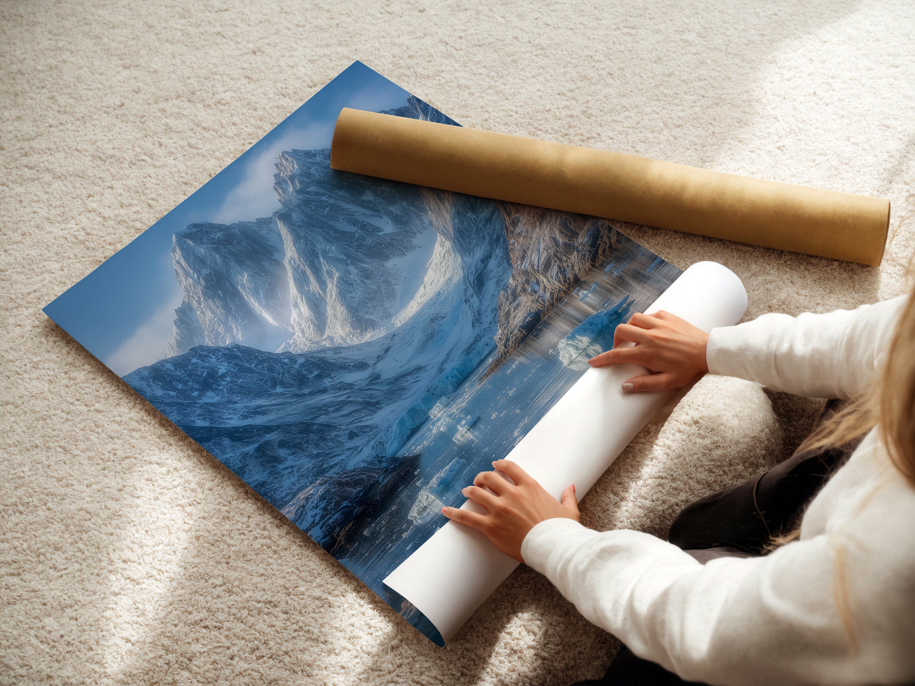 A woman is carefully rolling a fine art poster paper. The paper features the Mountain Glacier artwork. This arctic print is perfect for framing or displaying as is. This nature print will enhance any space.