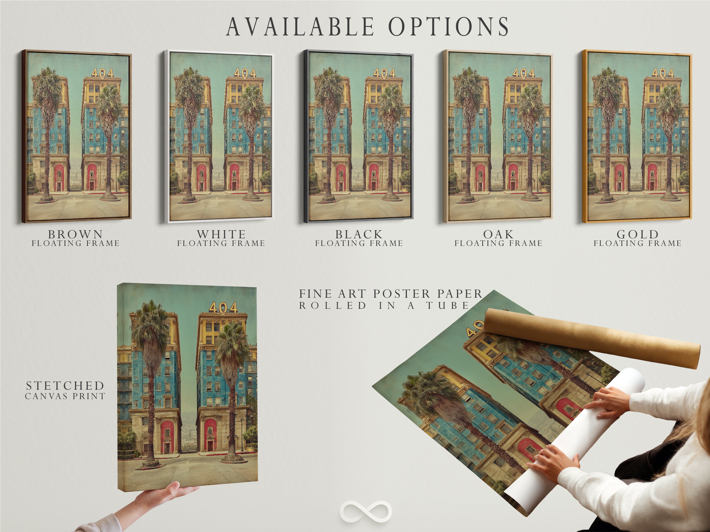 Available options including stretched canvas print fine art poster paper and floating frame. Customize your vintage hotel artwork to match your style. Select the perfect format for your retro architecture print. Enhance your decor with these options.