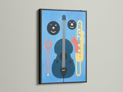 Abstract music instrument artwork featuring a cello and trumpet. Framed in a sleek black frame. The blue and yellow art provides a modern touch. Ideal for music rooms studios or as a musician gift.