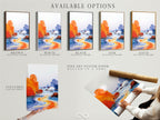 Explore the available options for this coastal seascape artwork. Choose from a stretched canvas print or a fine art poster paper. Consider a floating frame to complete the look. Orange and blue ocean art to match your coastal decor. Transform your space today.