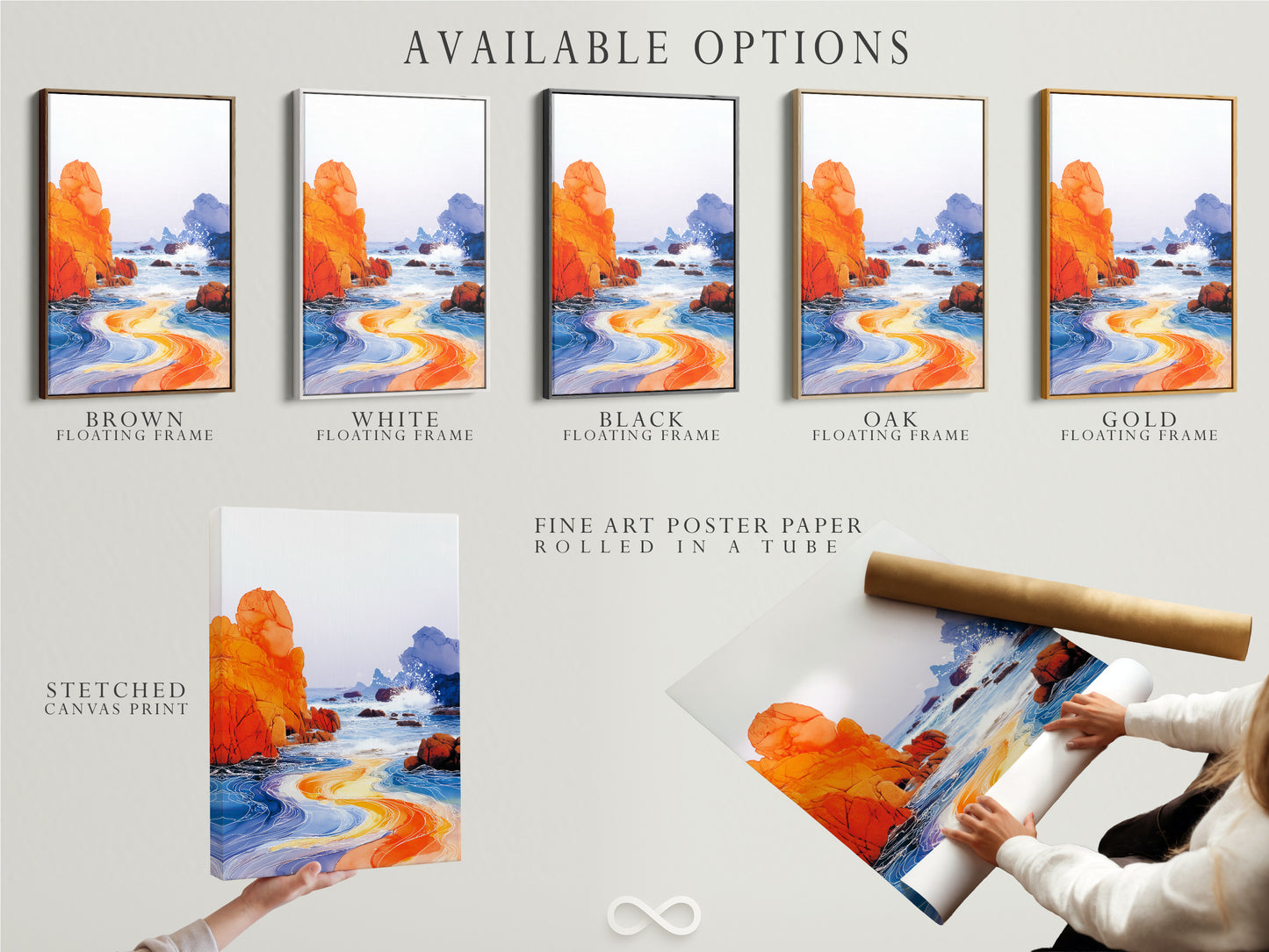 Explore the available options for this coastal seascape artwork. Choose from a stretched canvas print or a fine art poster paper. Consider a floating frame to complete the look. Orange and blue ocean art to match your coastal decor. Transform your space today.