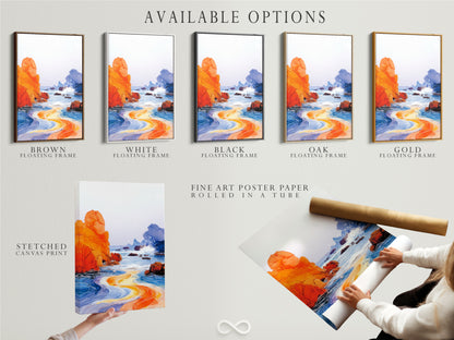 Explore the available options for this coastal seascape artwork. Choose from a stretched canvas print or a fine art poster paper. Consider a floating frame to complete the look. Orange and blue ocean art to match your coastal decor. Transform your space today.