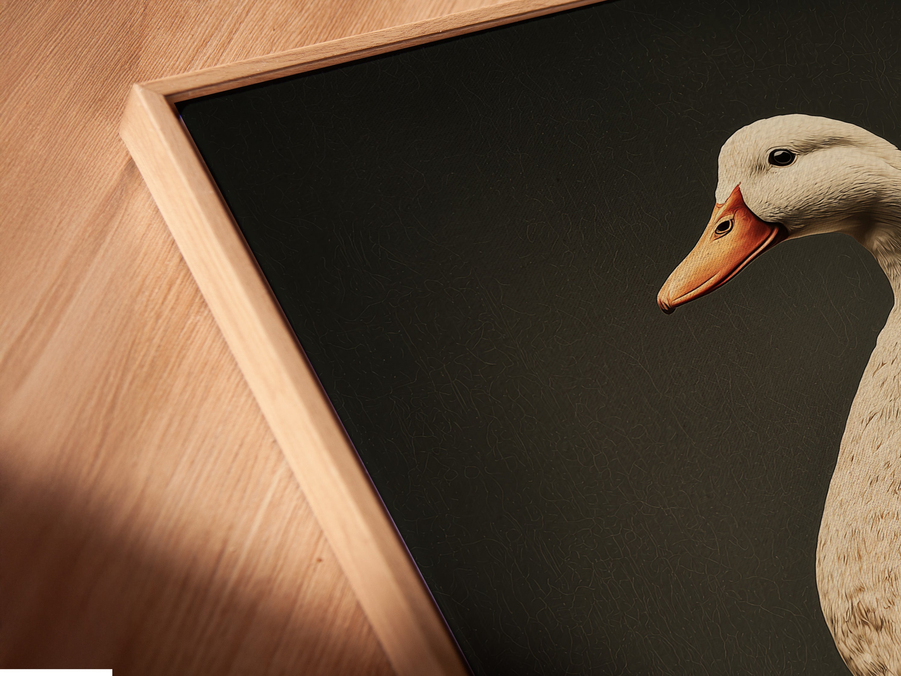 Close-up of a Vintage Duck Canvas Artwork in a floating frame. The artwork features a duck wearing red boots. The floating frame adds a contemporary touch. It is perfect for farmhouse style. It will enhance your kitchen wall art.